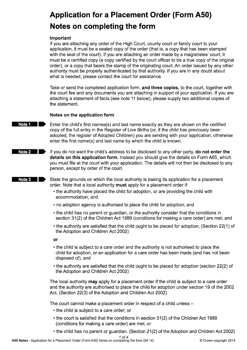 A50 Notes Application for a placement order Form A50 Notes on completing the form preview