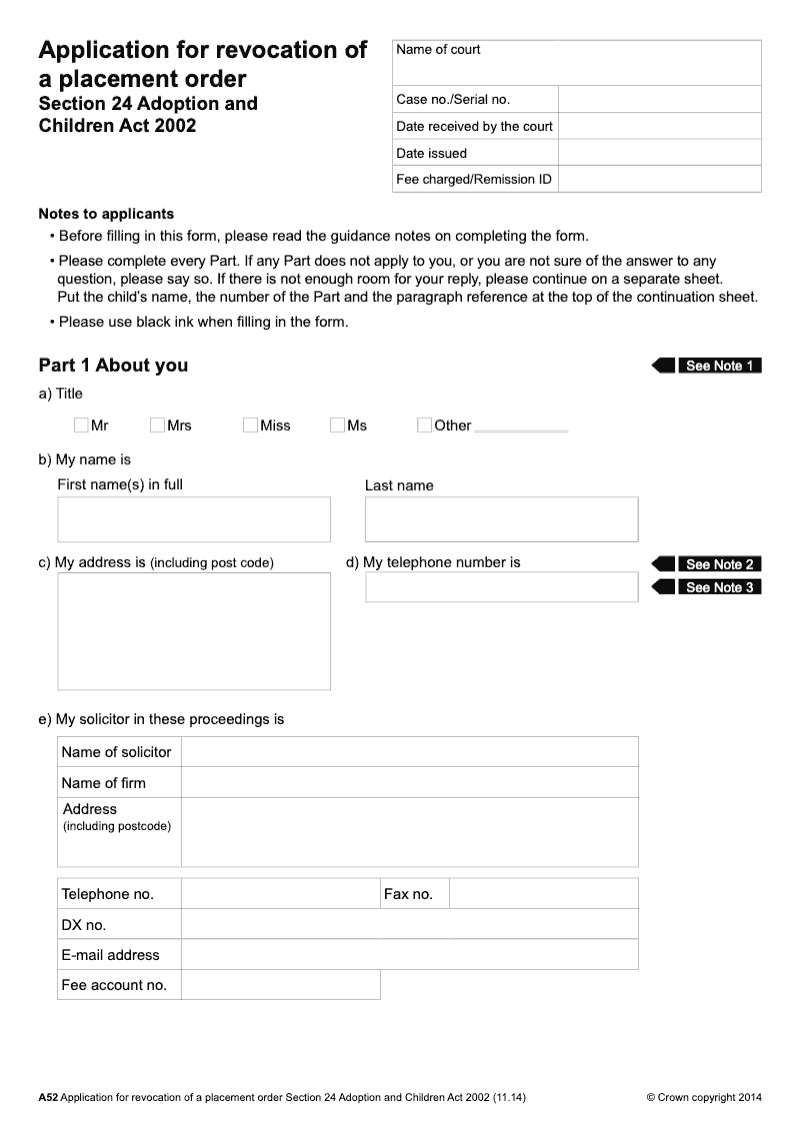 A52 Application for revocation of a placement order Section 24 Adoption and Children Act 2002 preview