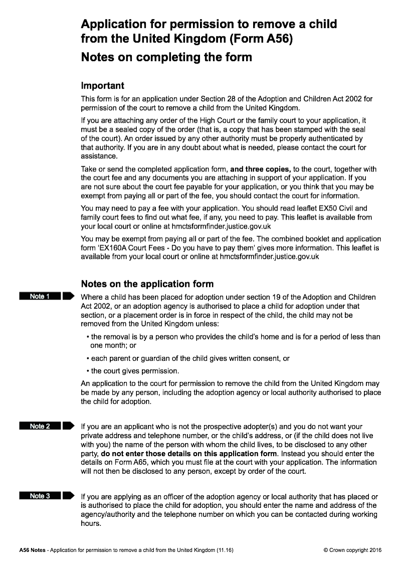 A56 Notes Application for permission to remove a child from the United Kingdom Form A56 Notes on completing the form preview