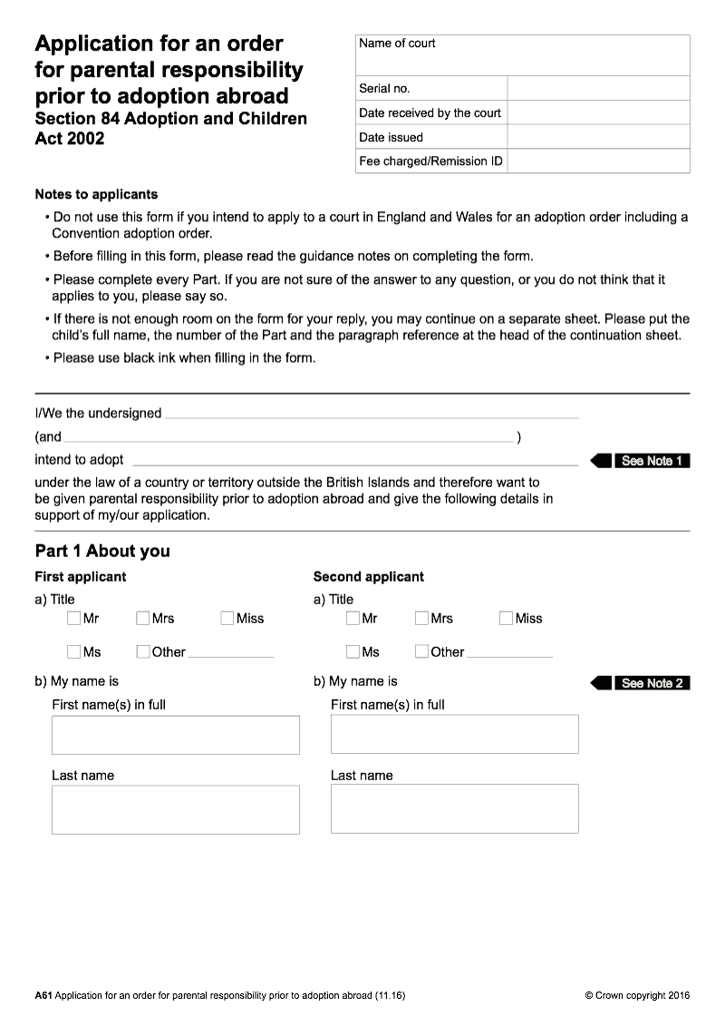 A61 Application for an order for parental responsibility prior to adoption abroad Section 84 Adoption and Children Act 2002 preview