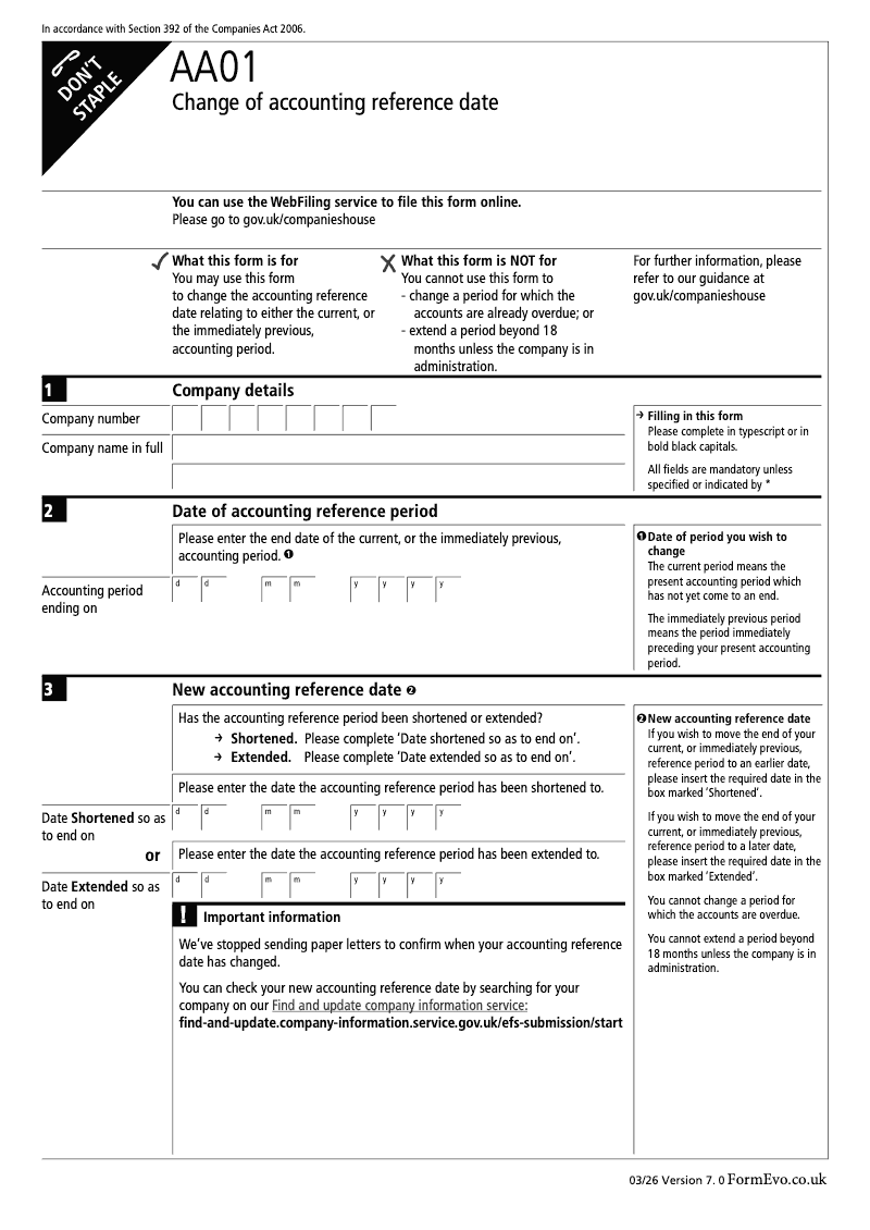 AA01 Change of accounting reference date Section 392 preview