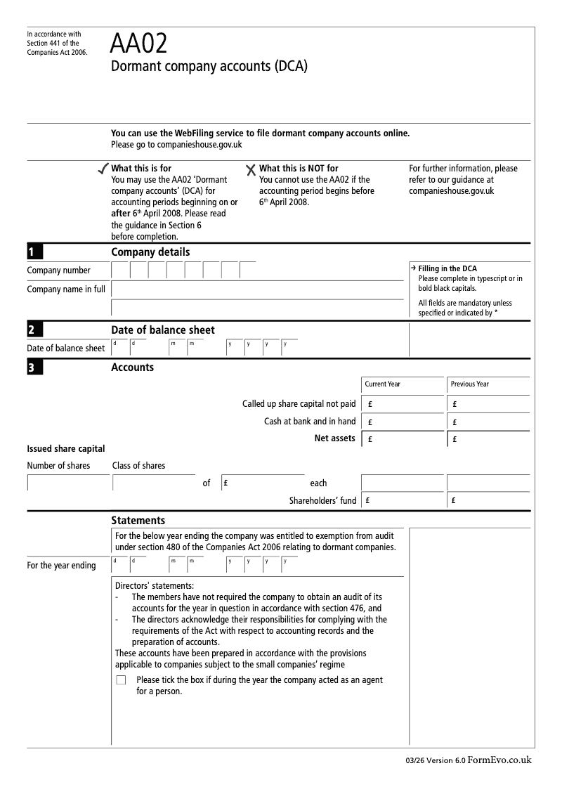 AA02 Dormant company accounts DCA Section 441 preview