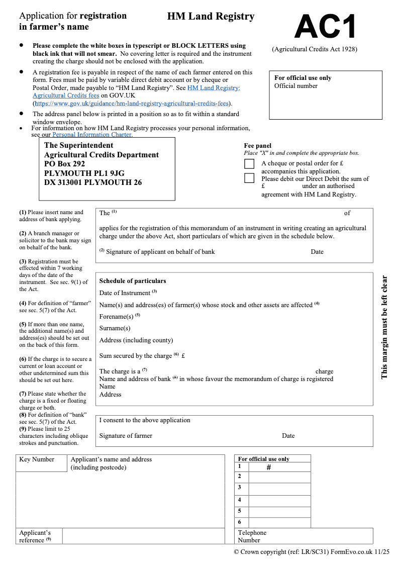 AC1 Application for registration in farmer s name Agricultural Credits Act 1928 preview