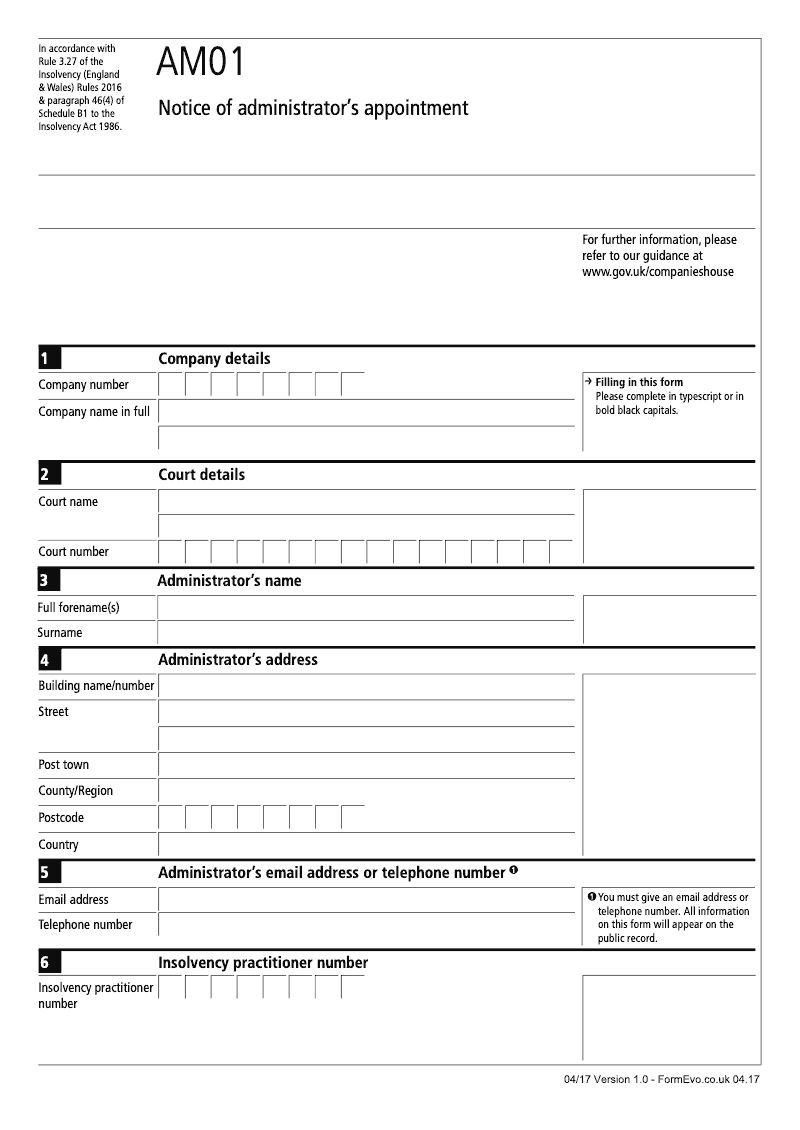 AM01 Notice of administrator s appointment Rule 3 27 preview