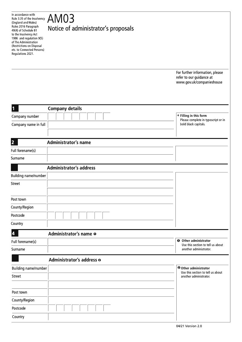 AM03 Notice of administrator s proposals Rule 3 35 preview
