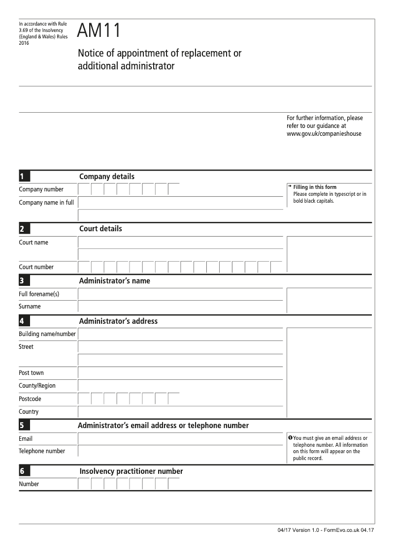 AM11 Notice of appointment of replacement or additional administrator Rule 3 69 preview