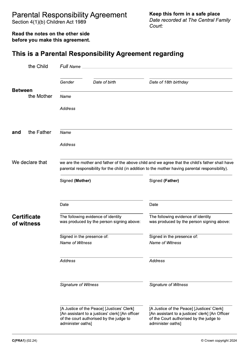 C PRA1 Parental Responsibility Agreement Section 4 1 b Children Act 1989 preview