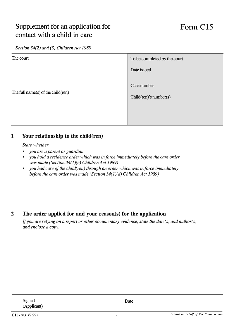 C15 Supplement for an application for contact with a child in care preview
