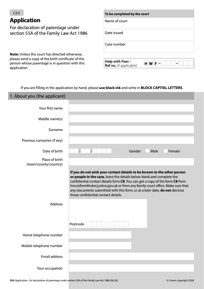 C63 Application for declaration of parentage under section 55A of the Family Law Act 1986 preview