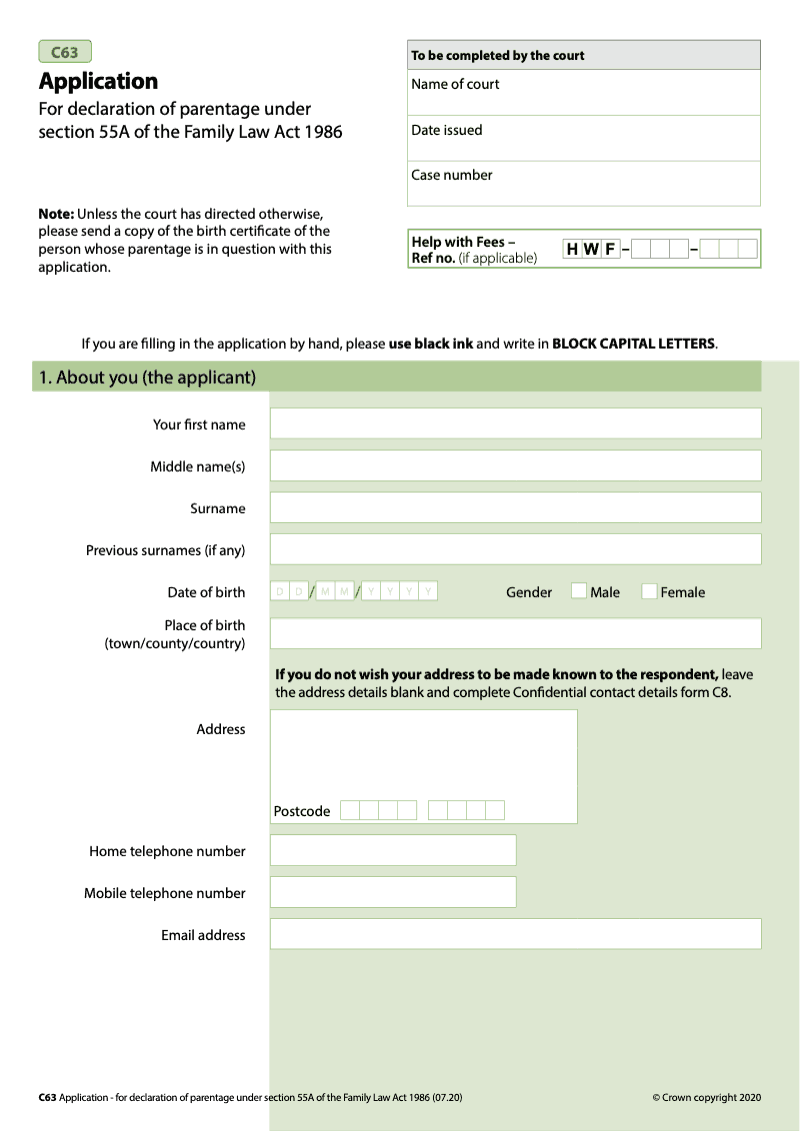 C63 Application for declaration of parentage under section 55A of the Family Law Act 1986 preview