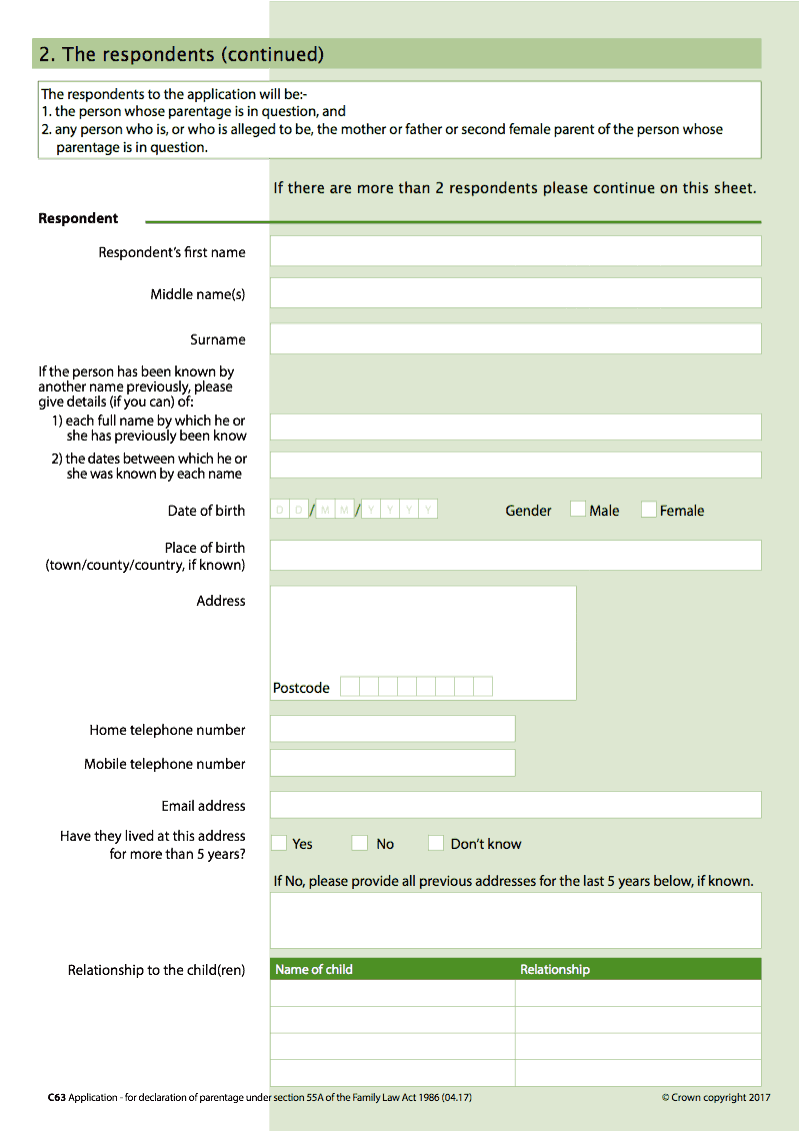 C63 Continuation Page Continuation page additional respondents Form C63 Application for declaration of parentage under section 55A of the Family Law Act 1986 preview