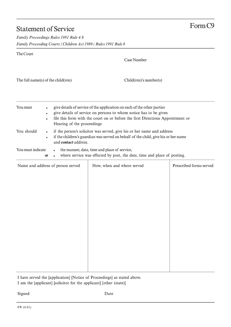 C9 Statement of Service Family Proceedings Rules 1991 Rule 4 8 Family Proceedings Courts Children Act 1989 Rules 1991 Rule 8 preview