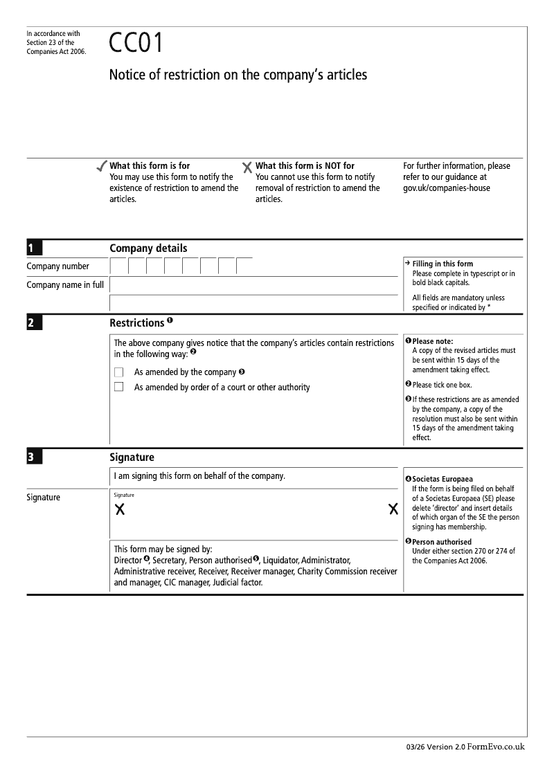 CC01 Notice of restriction on the company s articles Section 23 preview