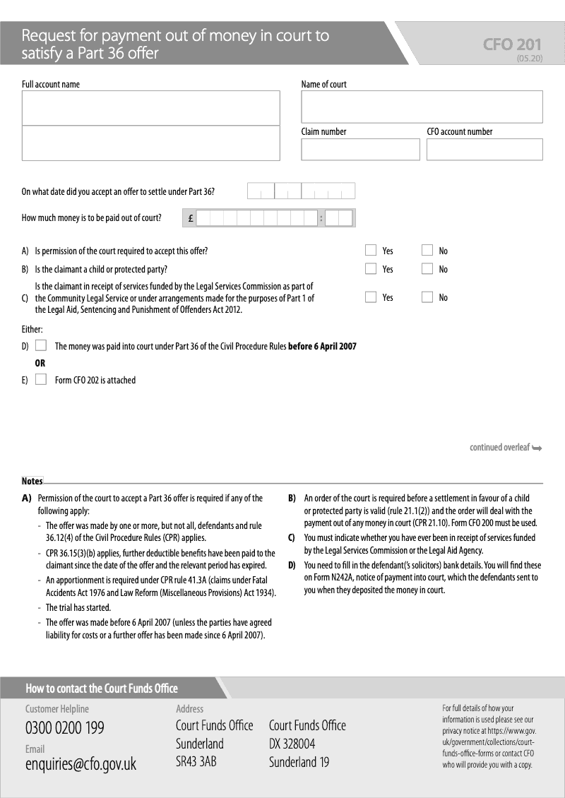 CFO 201 Request for payment out of money in court to satisfy a Part 36 offer preview