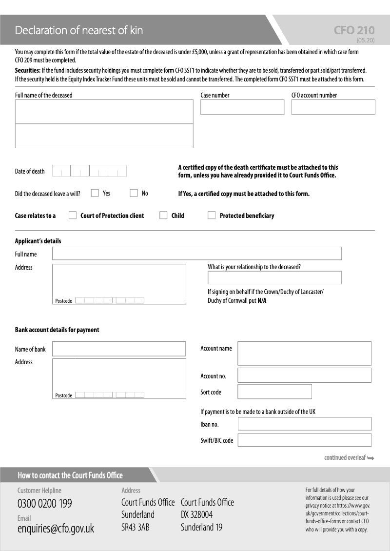 CFO 210 Declaration of nearest kin preview