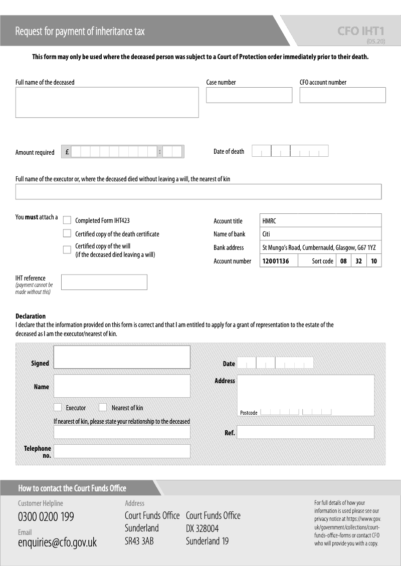 CFO IHT1 Request for payment of inheritance tax preview