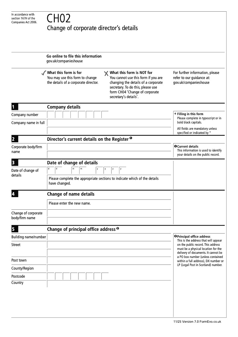 CH02 Change of corporate director s details Section 167 and 167D preview