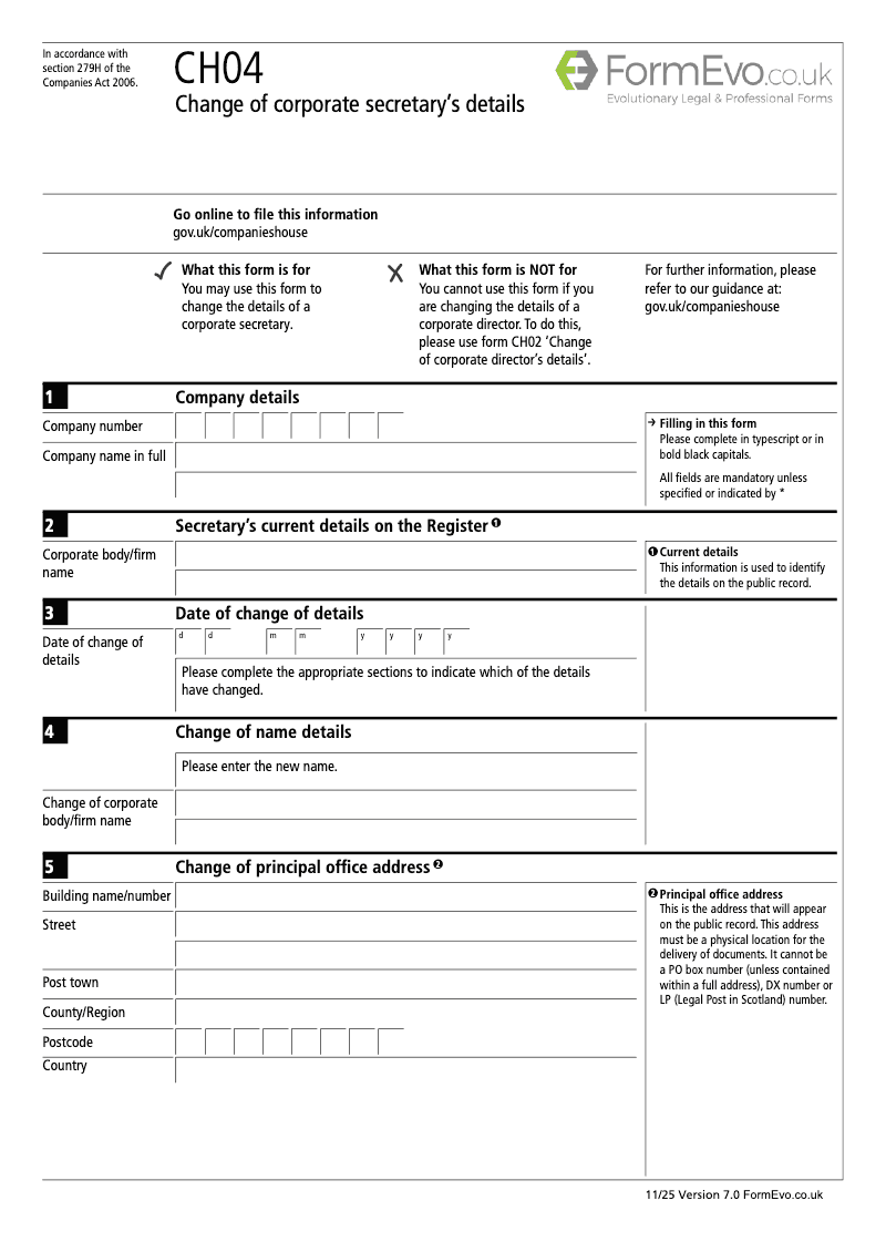CH04 Change of corporate secretary s details Section 276 and 279D preview