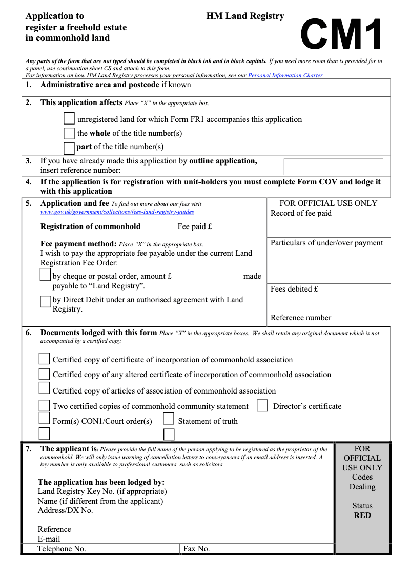 CM1 Application to register a freehold estate in commonhold land preview