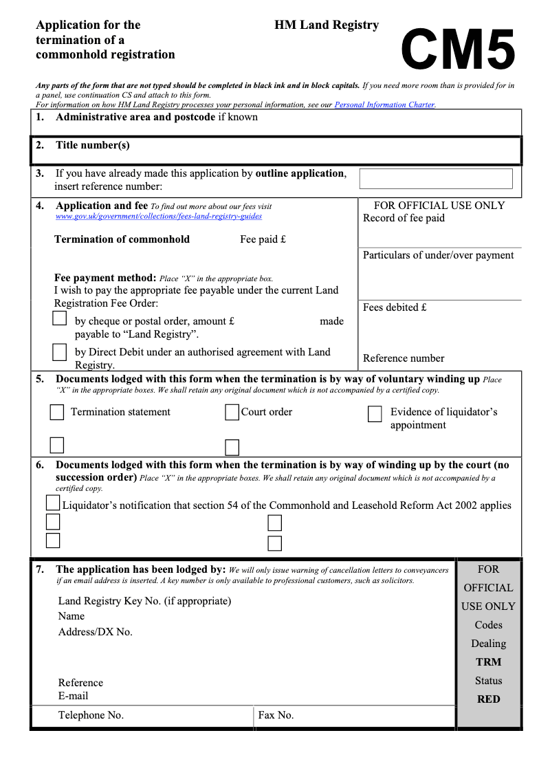 CM5 Application for the termination of a commonhold registration preview