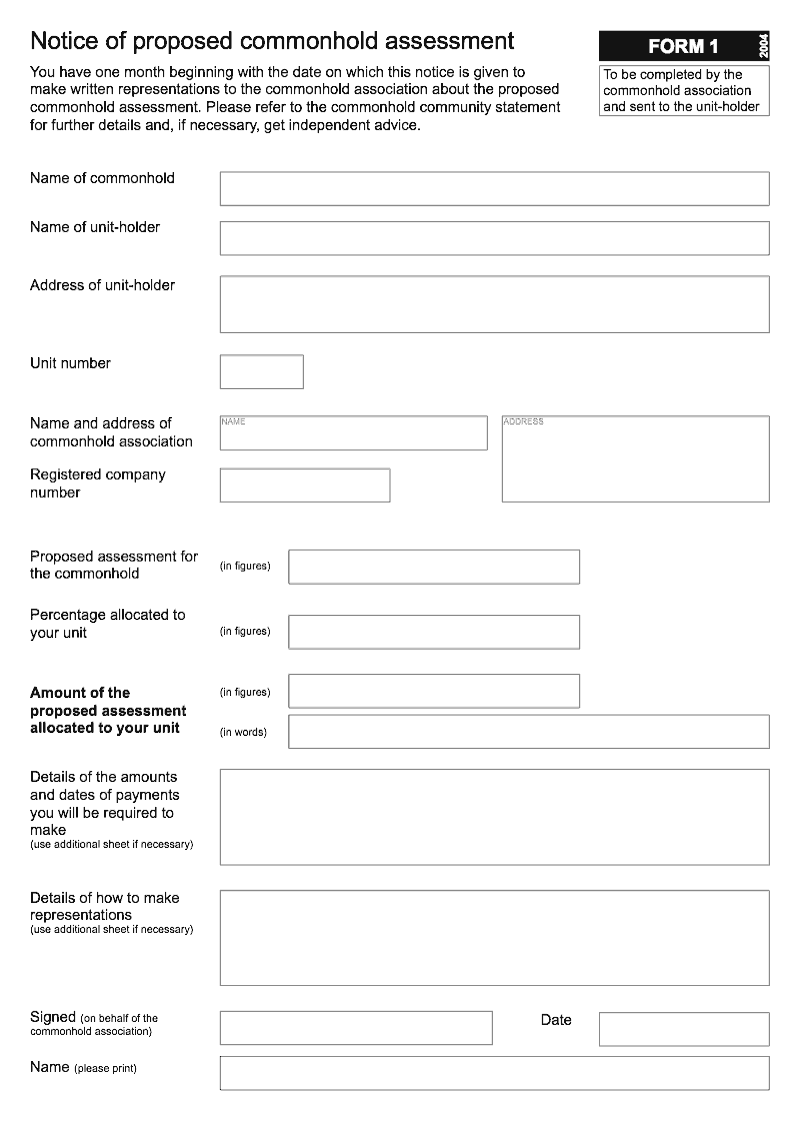 Commonhold 1 Notice of proposed commonhold assessment Form 1 preview