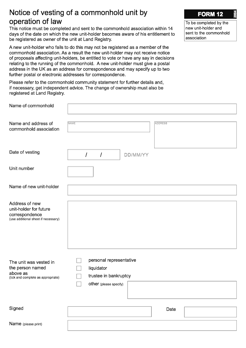 Commonhold 12 Notice of vesting of a commonhold unit by operation of law Form 12 preview