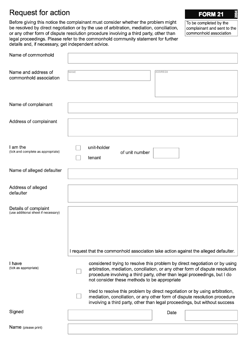 Commonhold 21 Request for action Form 21 preview