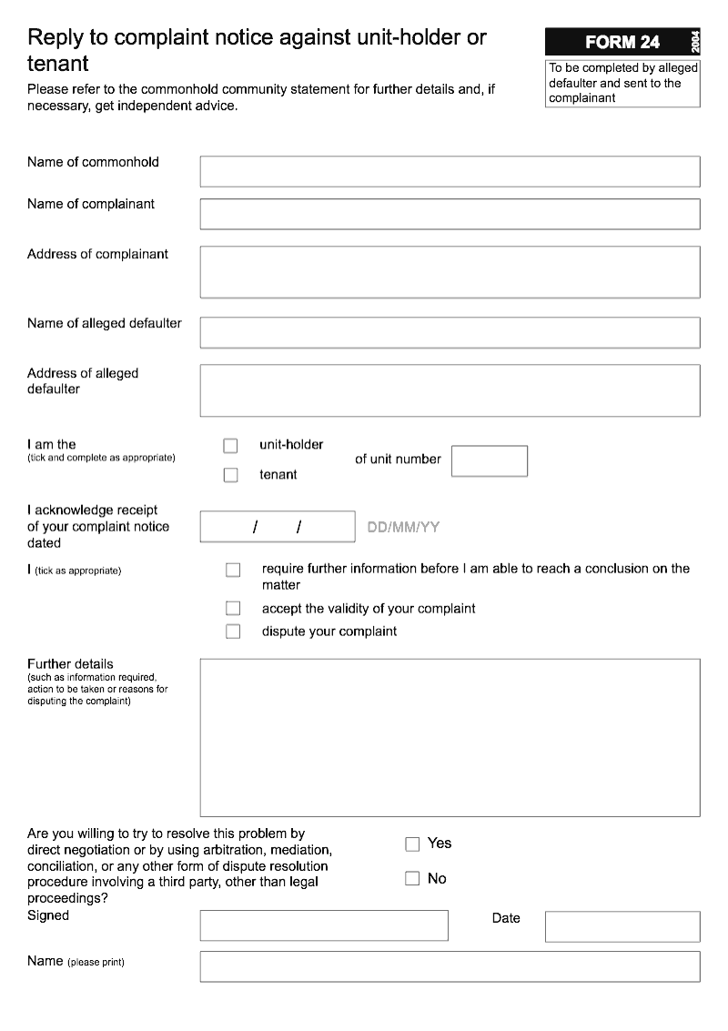 Commonhold 24 Reply to complaint notice against unit holder or tenant Form 24 preview