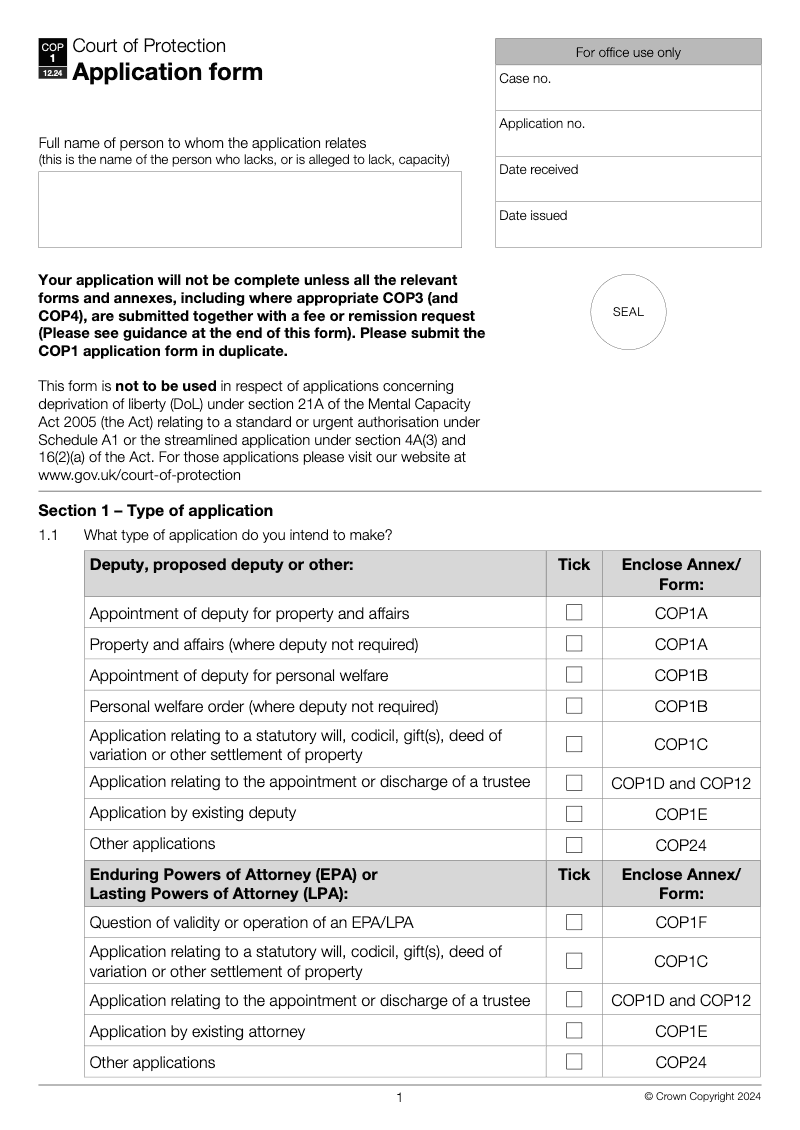 COP1 Application form preview