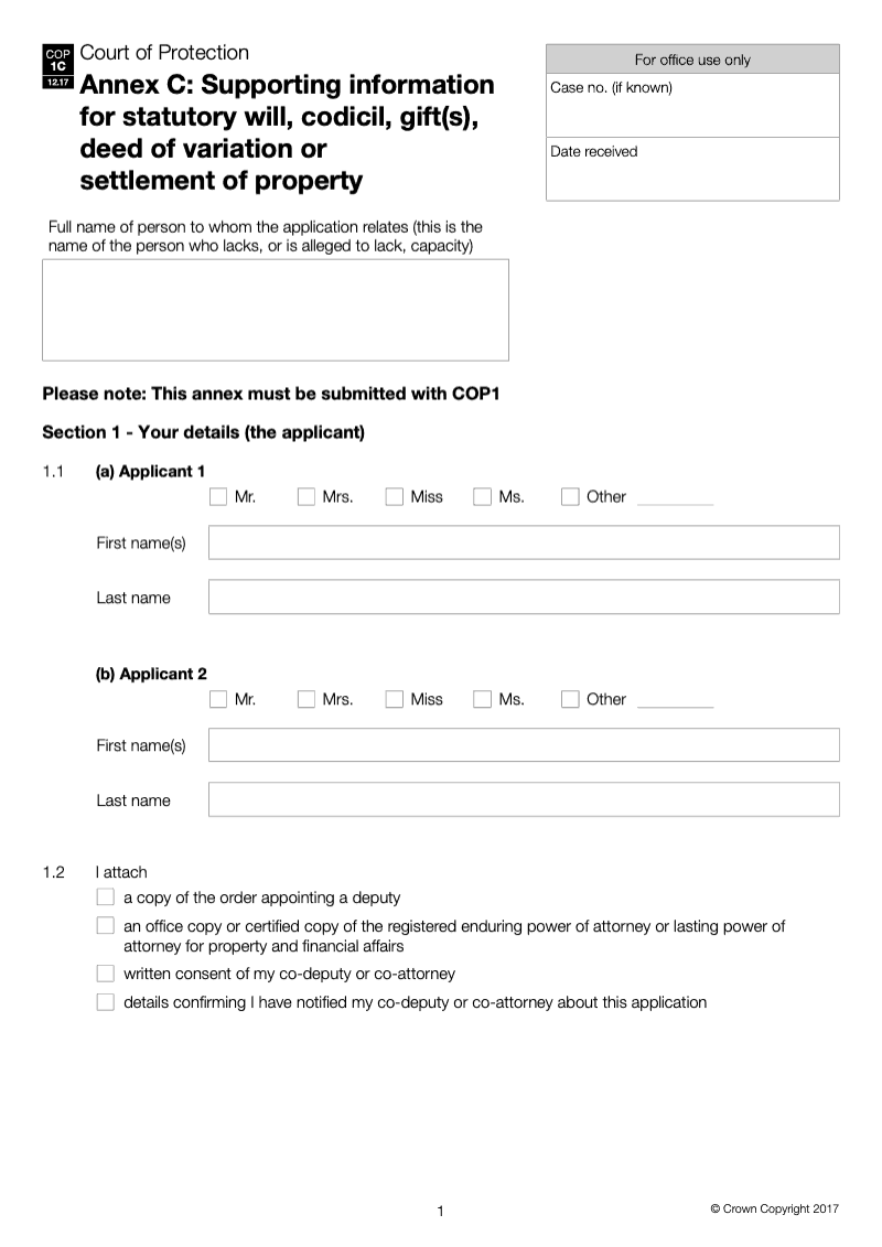 COP1C Annex C Supporting information for statutory will codicil gift s deed of variation or settlement of property review