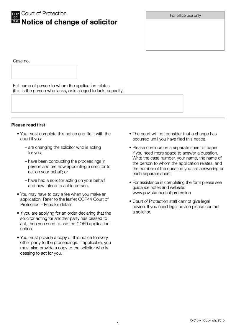 COP30 Notice of change of solicitor preview