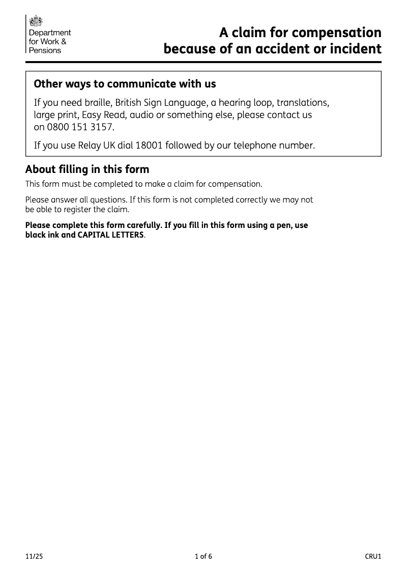 CRU1 Notification of a claim for compensation preview