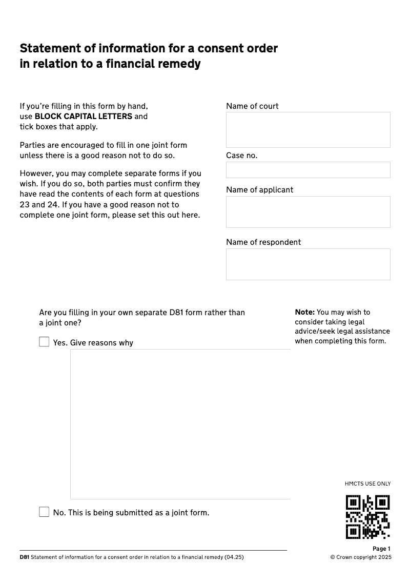 D81 Statement of information for a consent order in relation to a financial remedy DIV32 electronic signature available preview