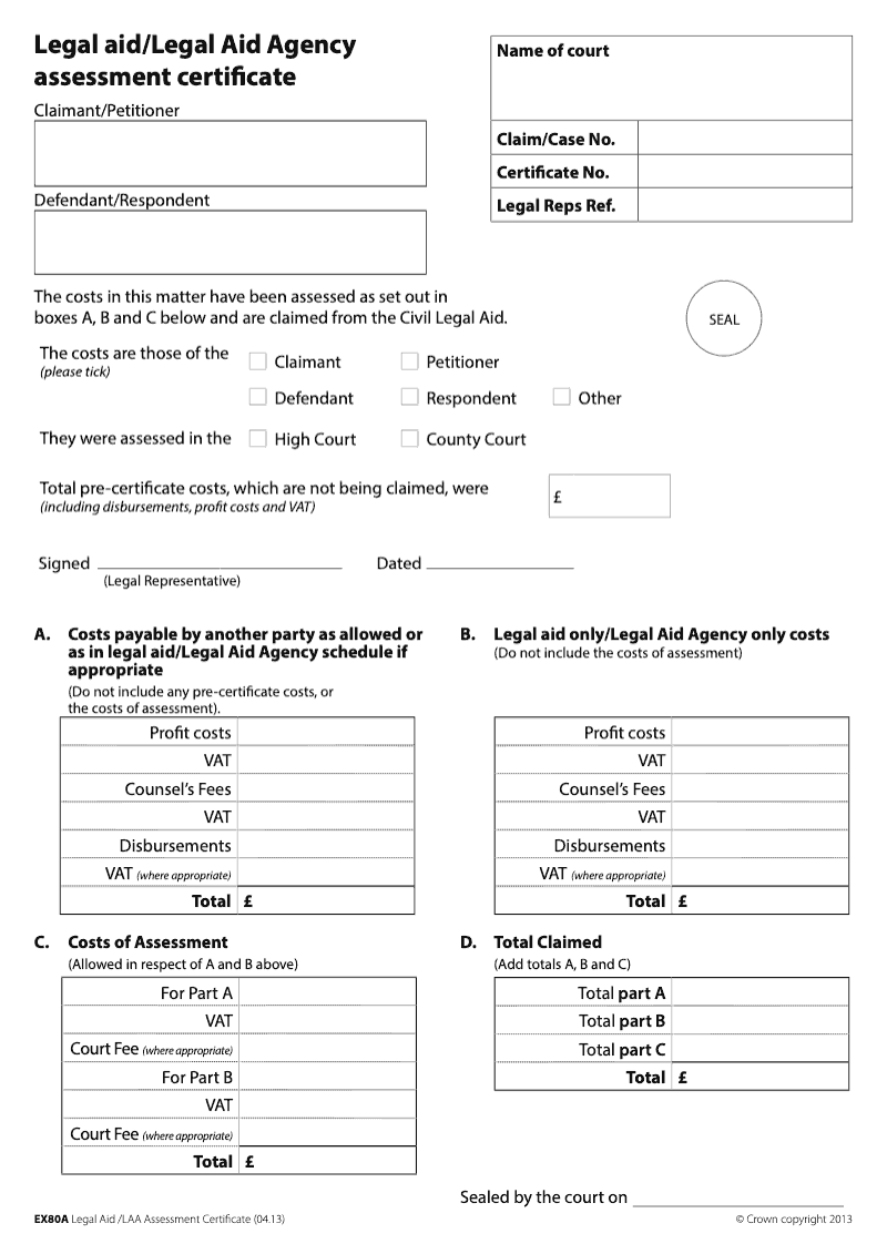 EX80A Legal aid Legal Services Agency assessment certificate preview