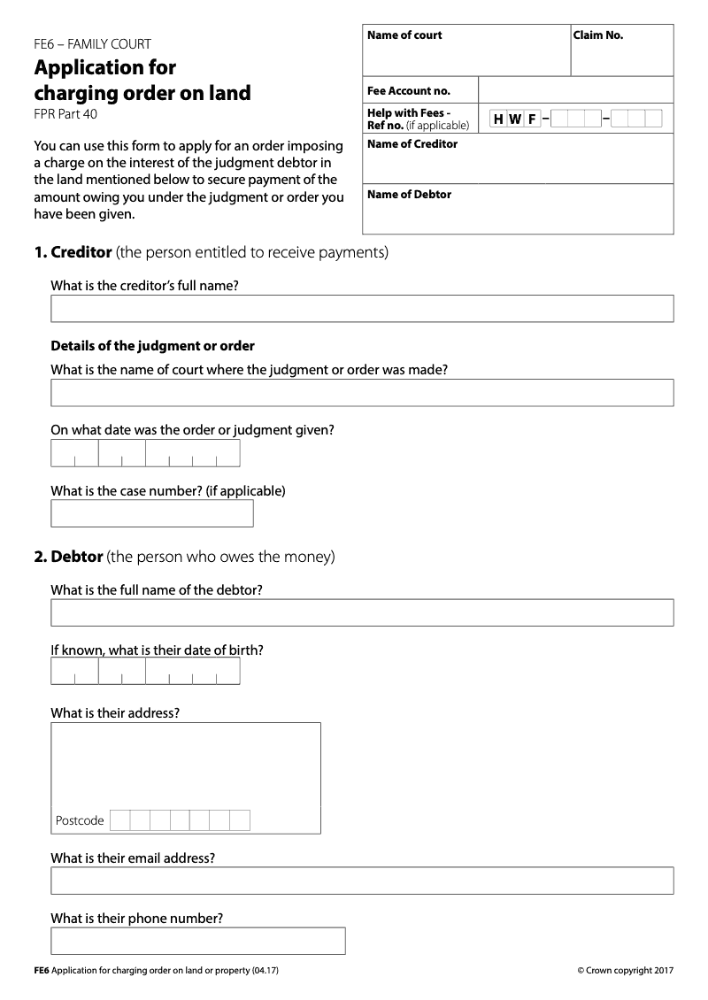 FE6 Application for charging order on land FPR Part 40 Family Court preview