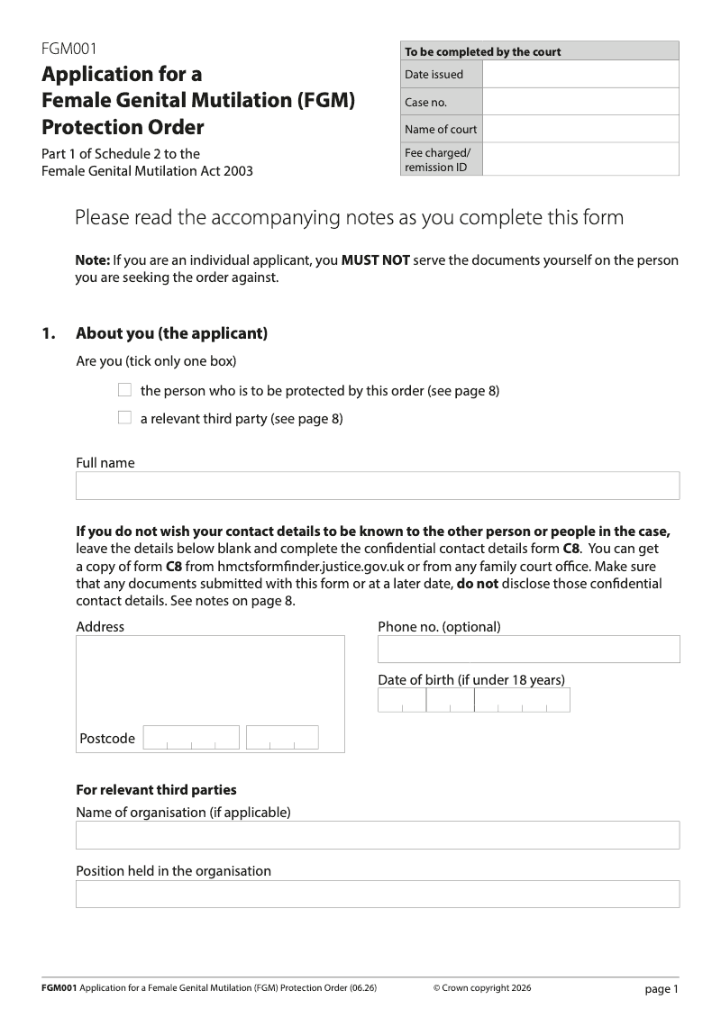FGM001 Application for a Female Genital Mutilation FGM Protection Order preview
