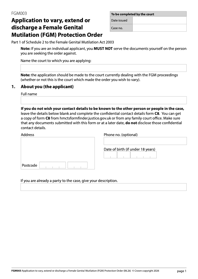 FGM003 Application to vary extend or discharge a Female Genital Mutilation FGM Protection Order preview