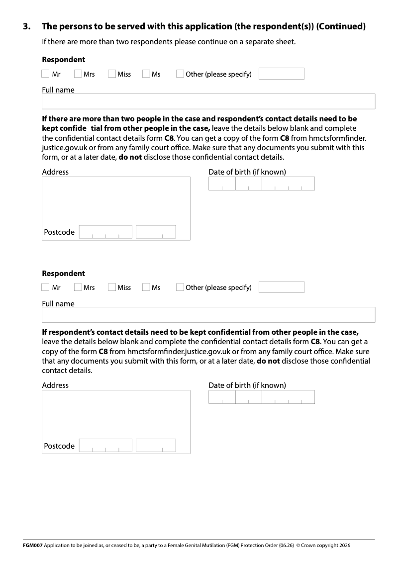 FGM007 Continuation Page Continuation page additional respondents Application to be joined as or cease to be a party to a Female Genital Mutilation FGM Protection Order preview