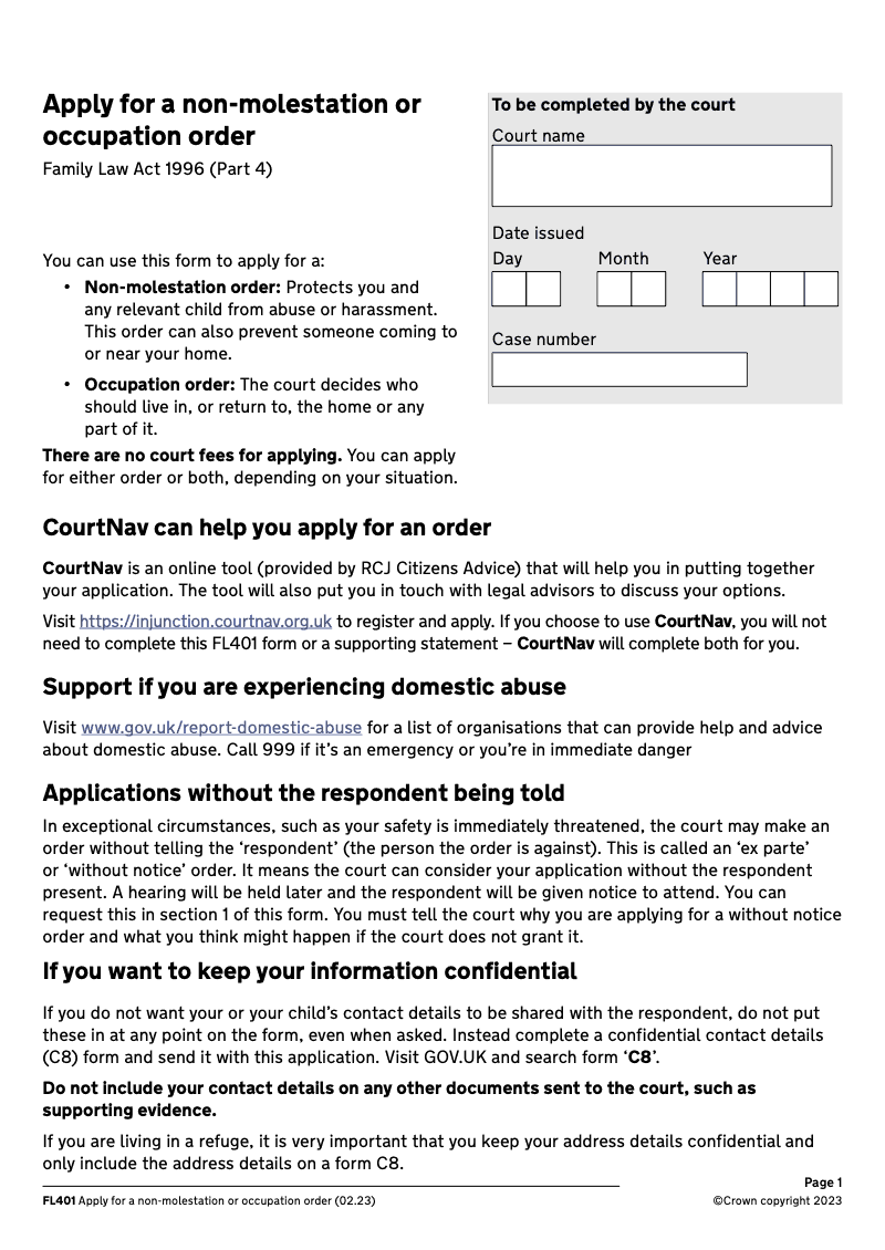 FL401 Application for a non molestation order an occupation order Family Law Act 1996 Part IV preview