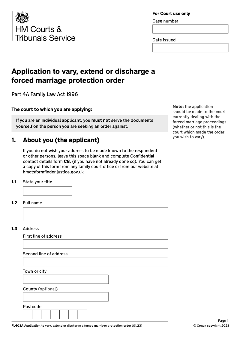 FL403A Application to vary extend or discharge a forced marriage protection order Family Law Act 1996 Part 4A preview