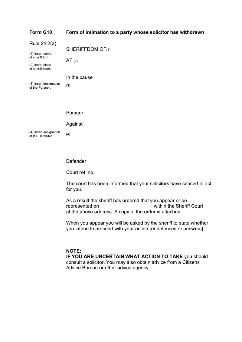 FORM G10 Form of intimation to a party whose solicitor has withdrawn preview