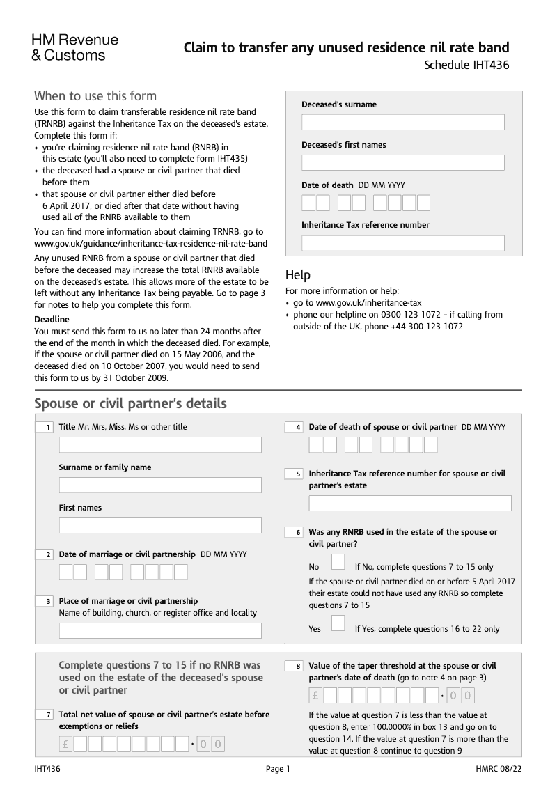 IHT436 Claim to transfer any unused residence nil rate band RNRB Schedule IHT436 preview