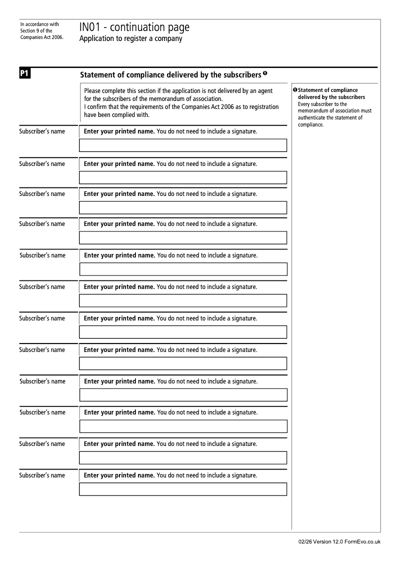 IN01 Continuation Page 12 Section N1 Statement of compliance delivered by subscribers continuation page IN01 Application to register a company Section 9 preview