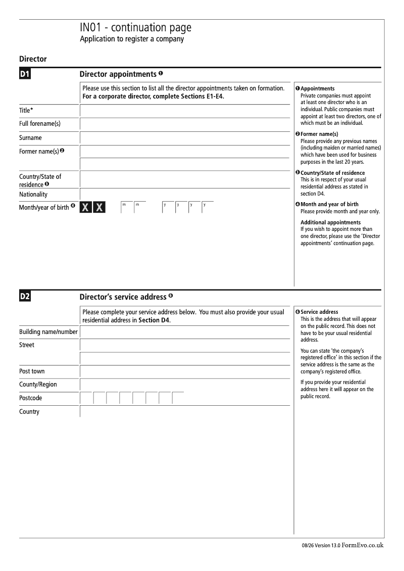 IN01 Continuation Page 3 Section D Director appointments continuation page IN01 Application to register a company Section 9 preview