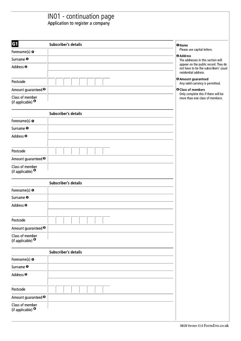 IN01 Continuation Page 8 Section G1 Subscribers continuation page IN01 Application to register a company Section 9 preview