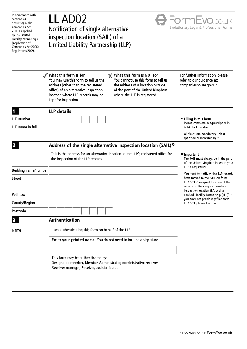 LL AD02 Notification of single alternative inspection location SAIL of a Limited Liability Partnership LLP Sections 162 743 859Q 877 and 892