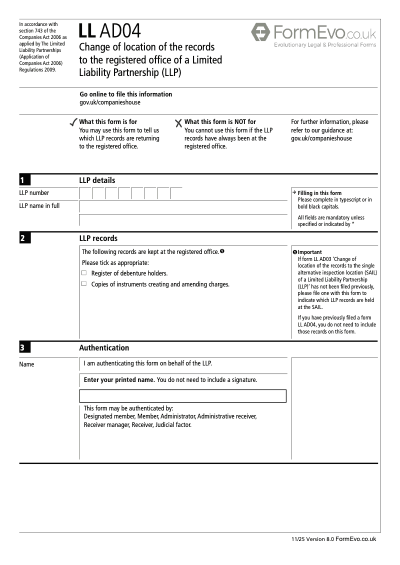 LL AD04 Change of location of the records to the registered office of a Limited Liability Partnership LLP preview