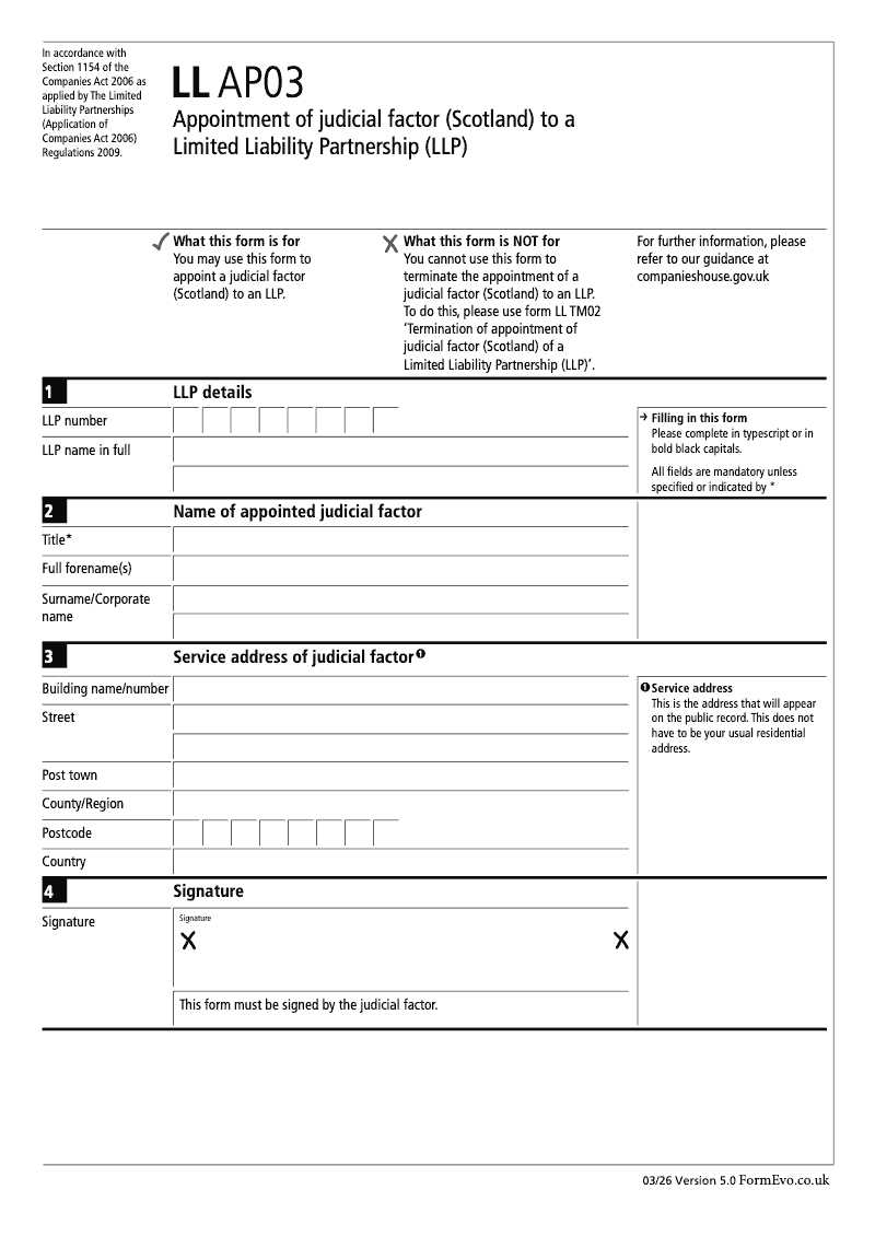 LL AP03 Appointment of judicial factor Scotland to a Limited Liability Partnership LLP