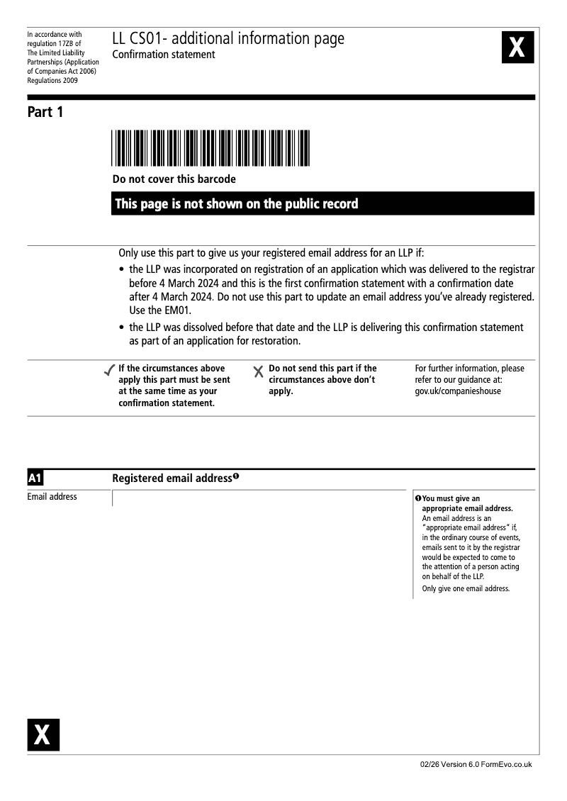 LL CS01 Part 1 Additional information page Confirmation statement LLP Companies Act 2006 Post 4th March 2024 preview