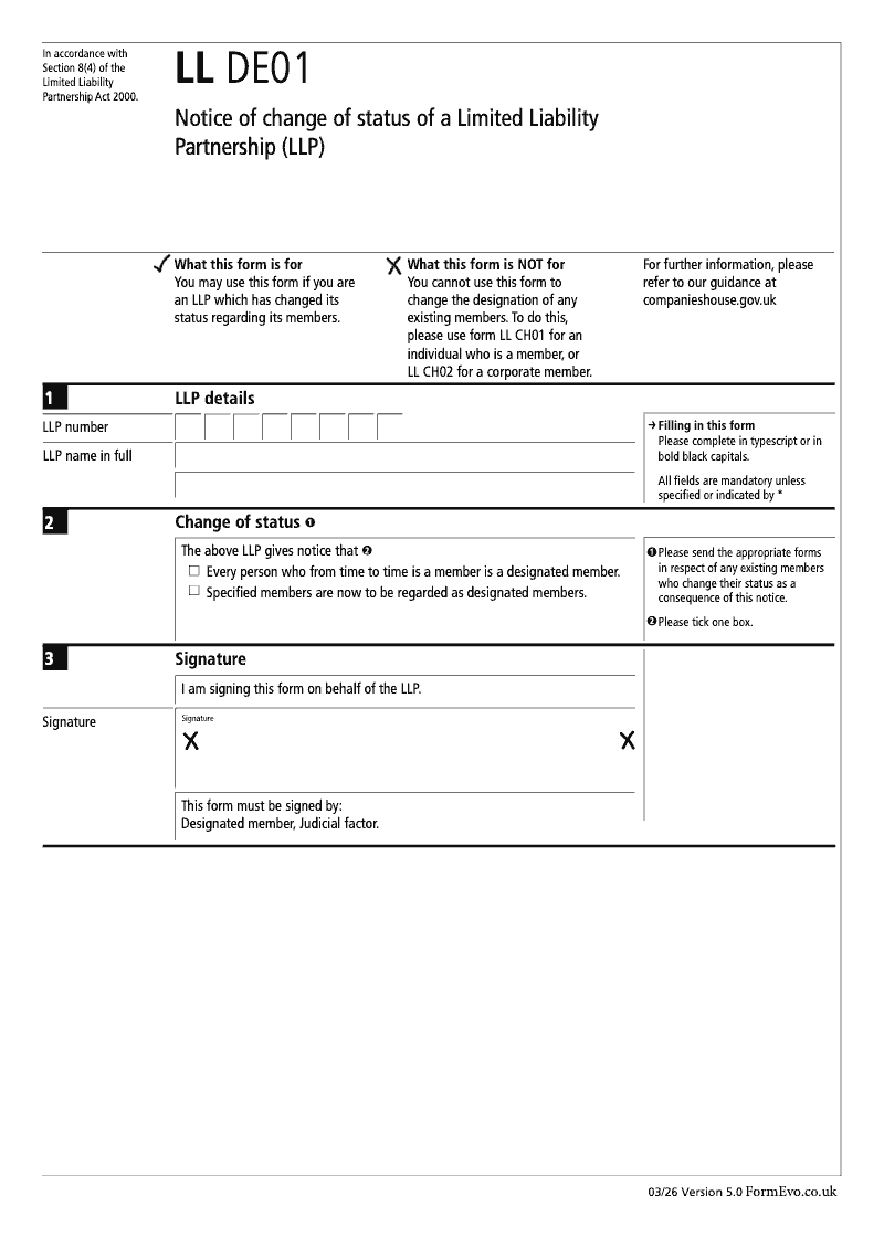 LL DE01 Notice of change of status of a Limited Liability Partnership LLP preview